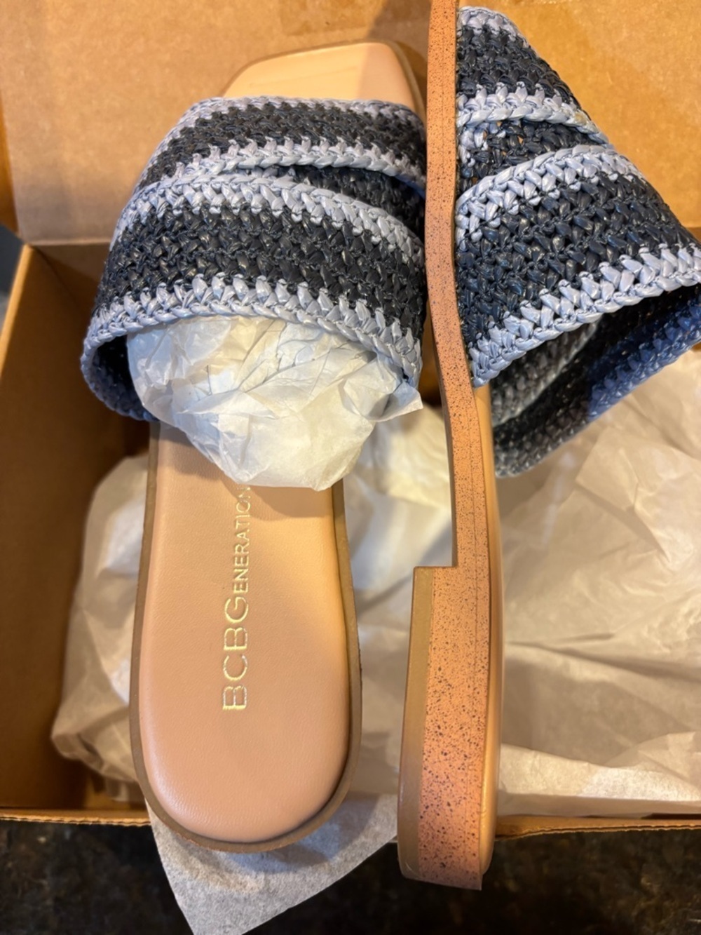 BCBGeneration Blue and Gray Woven Slide Mules with Tan Footbed - Picture 3 of 6